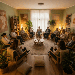 Een warme en uitnodigende workshopruimte waar deelnemers betrokken zijn bij een sessie familieopstellingen. Dit beeld benadrukt de groepsdynamiek en de ondersteunende omgeving van een workshop.