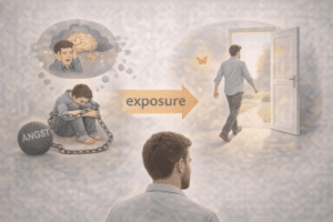 Illustratie van angsttherapie waarbij exposure helpt om los te komen van angst en stap voor stap vrijheid en regie terug te krijgen