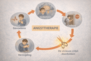 Illustratie van de angstcirkel met gedachten, gevoelens, gedrag en vermijding, en hoe angsttherapie helpt deze vicieuze cirkel te doorbreken
