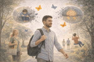 Illustratie van angsttherapie waarbij een man leert omgaan met angst en weer vrijheid en regie in het dagelijks leven ervaart