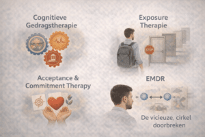 Illustratie van verschillende vormen van angsttherapie, waaronder cognitieve gedragstherapie, exposure therapie, acceptance and commitment therapy en EMDR