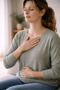 Vrouw zit rechtop met één hand op de borst en één hand op de buik terwijl ze rustig en bewust ademhaalt in een neutrale therapeutische omgeving.