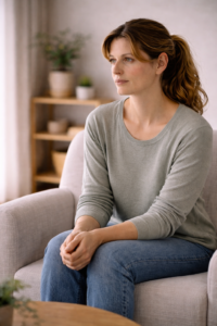 Cliënt zit rustig in een therapiestoel met zachte blik opzij tijdens een Brainspotting-sessie in een neutrale therapieruimte.