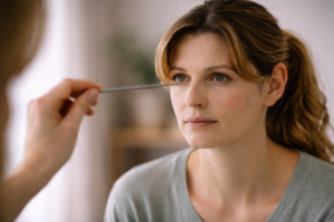 Close-up van cliënt die tijdens een Brainspotting-sessie gefocust naar een vaste oogpositie kijkt terwijl therapeut een pointer vasthoudt.