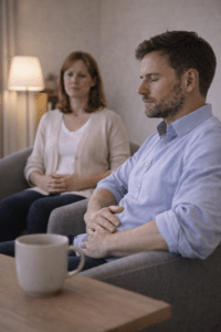 Cliënt oefent rustige ademhaling onder begeleiding van burn-out coach in veilige en ontspannen setting.