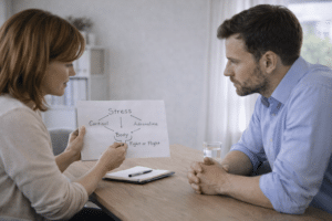 Burn-out coach legt stressfysiologie uit aan cliënt met eenvoudige tekening over cortisol en adrenaline tijdens coachingsessie.