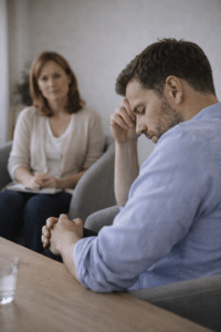 Vermoeide professional in gesprek met burn-out coach over aanhoudende stressklachten in een rustige spreekkamer.