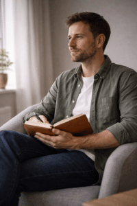 Professional schrijft reflectief in dagboek na burn-out coaching sessie in rustige en hoopvolle setting.