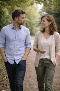 Burn-out coach en cliënt tijdens wandelcoaching in het park als onderdeel van herstel en stressregulatie.