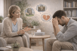 Counseling sessie waarin een counselor luistert naar een cliënt met emotionele onrust, verlies en moeilijke levenskeuzes