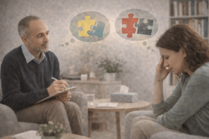 Counselor luistert naar een cliënt met mentale onrust tijdens een counseling sessie, gericht op inzicht, ordenen van gedachten en emotionele ondersteuning