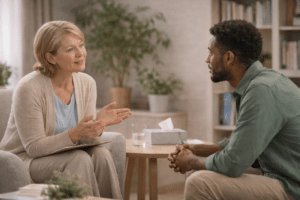 Counselor in gesprek met een cliënt tijdens een counseling sessie, gericht op luisteren, ondersteuning en het herstellen van mentale balans