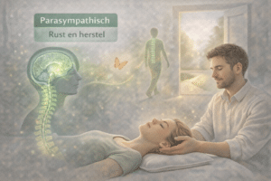 Illustratie van craniosacraal therapie waarbij het parasympathische zenuwstelsel wordt geactiveerd en het lichaam in een staat van rust en herstel komt
