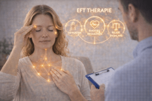 EFT therapie waarbij een vrouw tapping toepast op acupunctuurpunten onder begeleiding van een therapeut