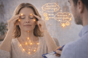 Vrouw past EFT therapie toe door te tappen op acupunctuurpunten tijdens een begeleide sessie voor emotionele balans