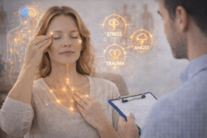 EFT therapie sessie waarbij een cliënt tapping toepast om stress, angst en emotionele spanning te verminderen