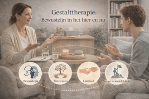 Gestalttherapeut en cliënt in gesprek tijdens een therapiesessie, gericht op bewustwording, contact en het ervaren van gevoelens in het hier en nu