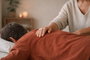 Close-up van een haptonomische behandeling waarbij een haptonoom met zachte aanraking het lichaamsbewustzijn van een cliënt ondersteunt op de behandelbank.
