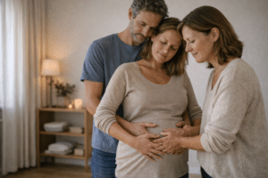 Haptonomische zwangerschapsbegeleiding waarbij een haptonoom ouders begeleidt in het maken van contact met het ongeboren kind.