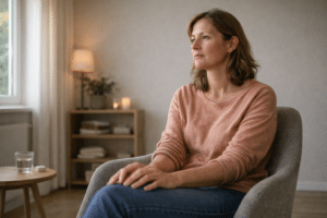 Persoon zit rustig in een therapieruimte na een haptonomische sessie en reflecteert op gevoelens en lichaamsbewustzijn.