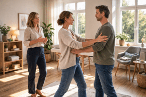 Haptonoom begeleidt een cliënt tijdens een staande haptonomische contactoefening in een rustige praktijkruimte met daglicht.