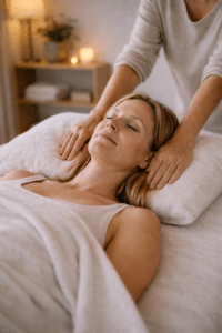 Holistische massage waarbij een cliënt met gesloten ogen ontspant terwijl de masseur zachte, ritmische bewegingen op de schouders toepast.