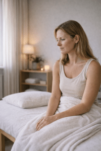 Persoon zit rustig na een holistische massagesessie en ervaart ontspanning en lichaamsbewustzijn in een kalme praktijkruimte.