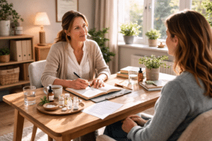 Homeopaat in gesprek met cliënt tijdens intakeconsult in rustige praktijkruimte met natuurlijke lichtinval en notitieboek op tafel.