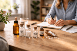 Kleine glazen flesjes met homeopathische korrels en gelabelde middelen op een houten tafel in een rustige praktijkruimte.