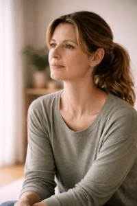 Portret van een vrouw die rustig in de verte kijkt in een lichte binnenruimte, met een kalme en reflectieve uitstraling die persoonlijke groei en emotionele verandering symboliseert.