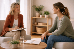 IEMT-therapeut en cliënt in een rustig intakegesprek in een praktijkruimte met notitieboek op tafel en zachte natuurlijke verlichting.