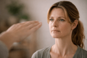 Close-up van cliënt die tijdens een IEMT-sessie met haar ogen de hand van de therapeut volgt in een rustige behandelruimte.