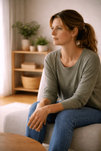 Vrouw zit rustig in een therapieruimte na een IEMT-sessie, met ontspannen houding en reflectieve blik in zacht daglicht.