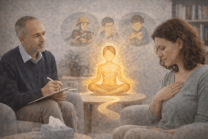 IFS-therapie sessie waarin een cliënt vanuit het Zelf contact maakt met innerlijke delen, begeleid door een therapeut gericht op innerlijke balans en zelfcompassie