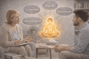 IFS-therapie sessie waarin een cliënt werkt vanuit het Zelf met kwaliteiten als compassie, kalmte, nieuwsgierigheid en vertrouwen, begeleid door een therapeut