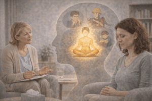 IFS-therapie sessie waarin een cliënt vanuit het Zelf innerlijke delen observeert en in balans brengt, begeleid door een therapeut met focus op zelfcompassie en innerlijk leiderschap