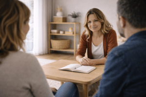 Kindercoach in gesprek met ouders aan een houten tafel tijdens intakegesprek in rustige praktijkruimte.
