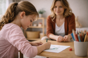Kind dat aan tafel een tekening maakt tijdens een kindercoachingssessie terwijl de coach rustig en aandachtig toekijkt in een lichte, warme ruimte.