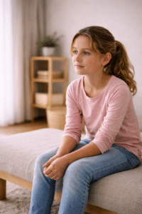 Kind zit rustig in een lichte kamer na een coachingssessie, met ontspannen houding en reflectieve blik.