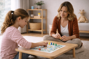 Kindercoach en kind spelen een bordspel tijdens een coachingssessie in een rustige, kindvriendelijke ruimte met natuurlijk daglicht.