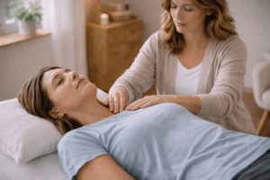 Kinesioloog houdt zacht acupressuurpunt vast bij cliënt die ontspannen op behandeltafel ligt in rustige therapieruimte.