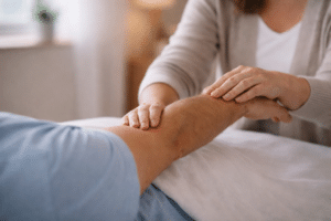 Close-up van een kinesioloog die lichte druk uitoefent op de arm van een cliënt tijdens een spiertest in een rustige therapieruimte.