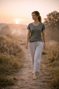 Persoon loopt blootsvoets over een pad in de natuur bij zonsopkomst, met ontspannen houding en rustige uitstraling, als beeld van aarding en innerlijke balans.
