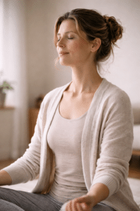 Close-up van een vrouw die rechtop zit in meditatie met een rechte wervelkolom, zachte zijbelichting en een rustige neutrale achtergrond.