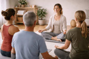 Kleine Kundalini yoga klas in lichte studio terwijl deelnemers zittend ademhalingsoefeningen doen onder begeleiding van een instructeur.