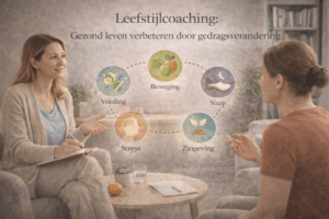 Leefstijlcoach en cliënt in gesprek tijdens een leefstijlcoaching sessie, gericht op voeding, beweging, slaap, stressmanagement en duurzame gedragsverandering