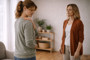 Cliënt staat in een rustige therapieruimte terwijl een therapeut aandachtig de lichaamshouding en schouderspanning observeert tijdens een lichaamsgerichte therapiesessie.