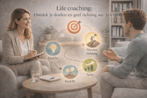Life coach en cliënt in gesprek tijdens een life coaching sessie, gericht op inzicht, doelen stellen en het nemen van concrete acties