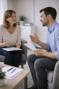 Loopbaancoach begeleidt een cliënt bij het oefenen van een sollicitatiegesprek in een rustige kantooromgeving.