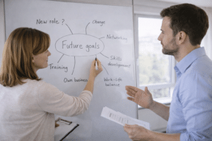 Loopbaancoach en cliënt bespreken toekomstdoelen op een whiteboard tijdens een sessie over loopbaanoriëntatie en professionele ontwikkeling.